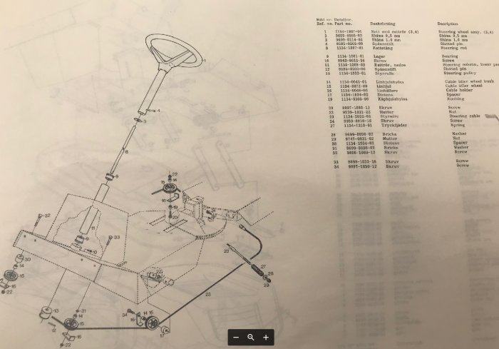 Exploded view diagram of a Stiga Park mower's steering mechanism with parts labeled and list of part numbers.