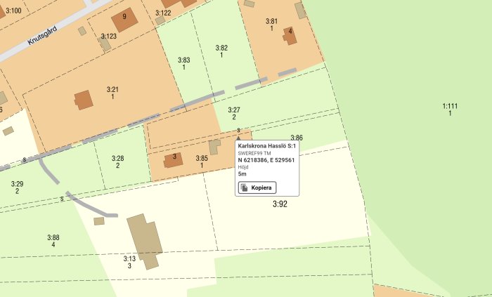 Kartbild som visar detaljplan med tomter 3:86 och 3:27 och en tilltänkt väg däremellan.