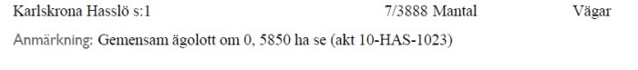 Utdrag ur lantmäteriets karta som visar ägoanmärkning för gemensam väg, beskriven i text.