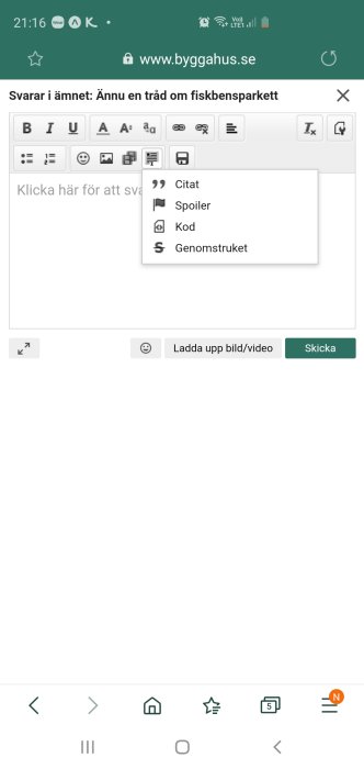 Skärmdump av en mobilanvändares svarsruta på forumet byggahus.se