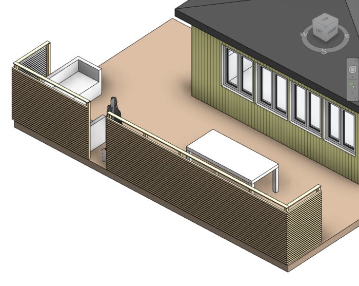 3D-rendering av en altan med tänkt insynsskydd längs långsidan och något på kortsidorna.