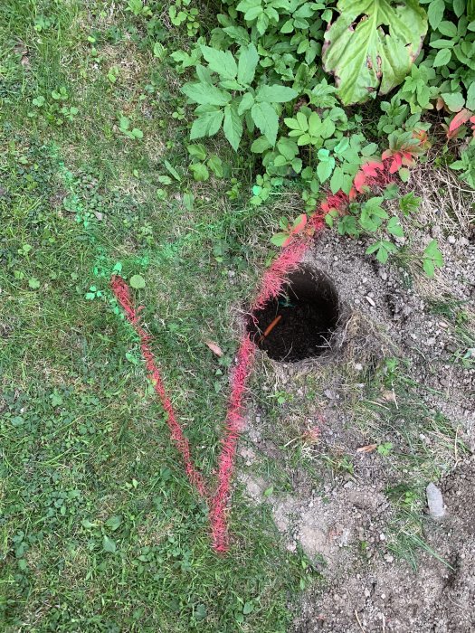 Skadat orange ytterhölje på fiberkabel synligt i grävd hålighet vid markering med röd sprayfärg.