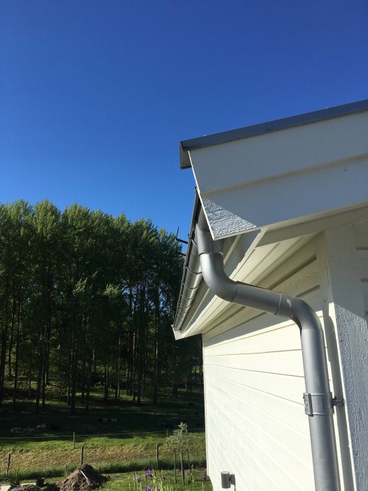 Vindskiva och vindskiveplåt vid hörnet av ett hus med vit fasad, mot en klarblå himmel och gröna träd i bakgrunden.