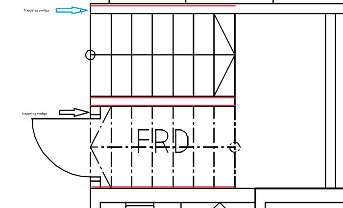 Ritning av invändig trappa med vilplan, synliga trappsteg i ek och förrådsutrymme nedanför.