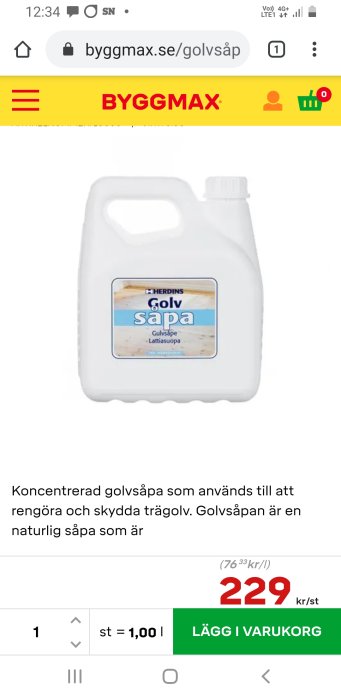 Flaska med Herdins golvsåpa på en webbhandels sida, avsedd för rengöring och skydd av trägolv.