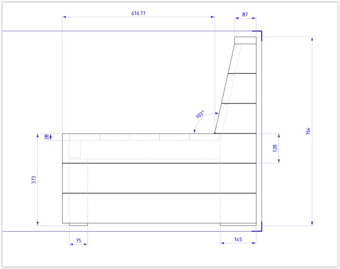 Ritning av hemmagjord soffas gavel med måttangivelser och vinkel på ryggstödet.
