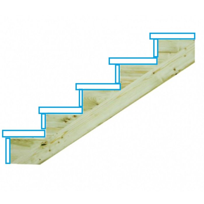 Schematisk bild av trätrappa med utritade plan- och sättsteg mot en trappvange.