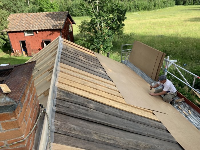 Renovering av ett gammalt tegeltak med ny masonit, läkt och en person som arbetar.
