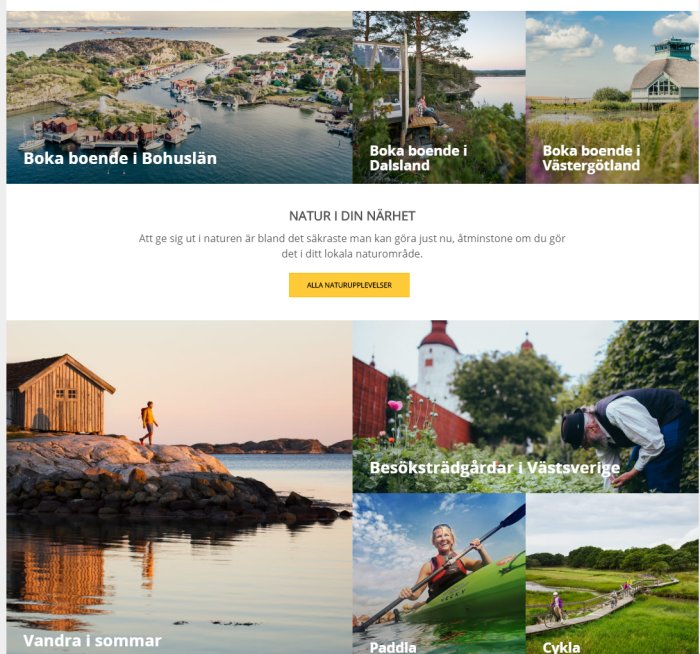 Kollage av sommaraktiviteter i Västsverige inklusive boende, natur och friluftsliv.