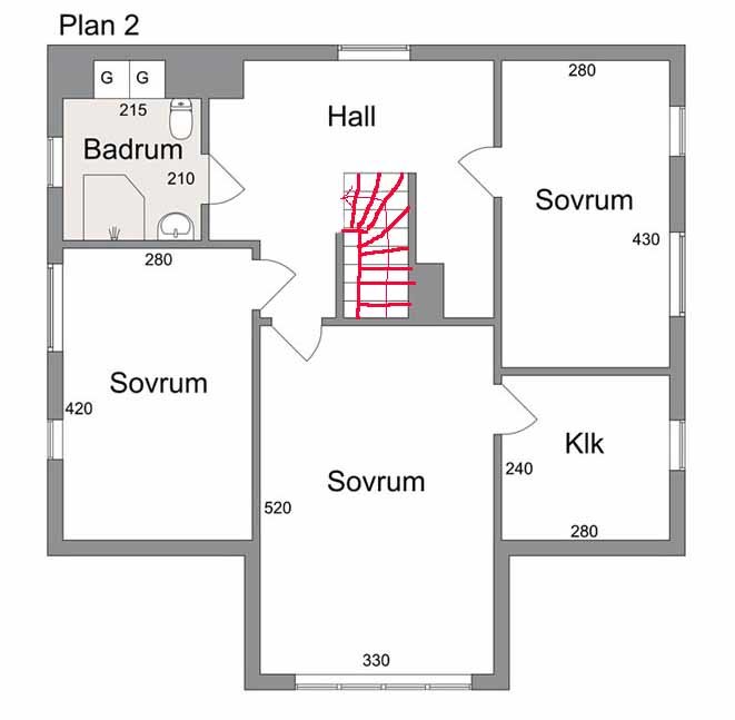 Ritning av ett våningsplan med en markerad teoretisk konstruktion av en svängd trappa mindre brant än den nuvarande.