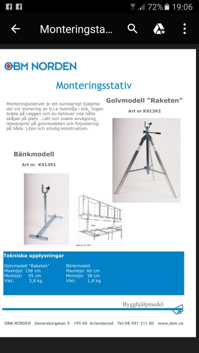 Skärmbild av monteringsstativ för köksskåpsmontering från OBM Norden, inklusive tekniska specifikationer.