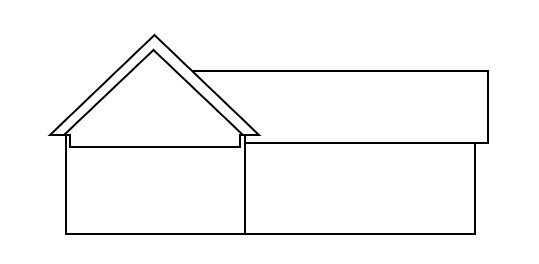 Skiss av hus med två sammanbyggda delar och indikerad problematik med takets svankning.