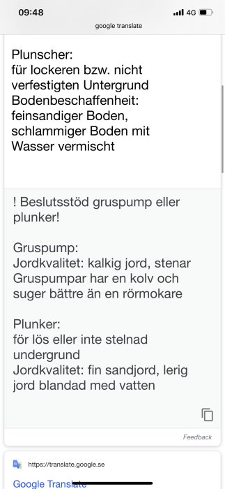 Skärmdump av Google Translate med text om gruspump och plunker för olika typer av markunderlag.