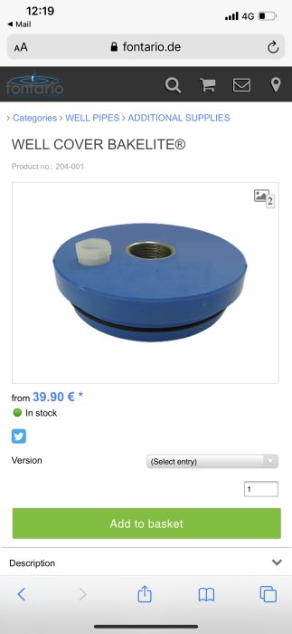 Blått bottenplugg och lock för brunnsrör på en onlinebutikssida.