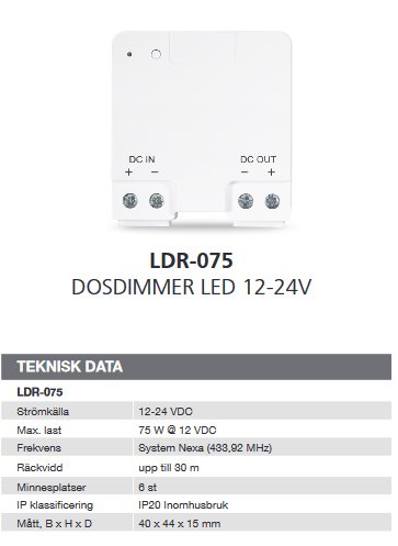 En vit Nexa LDR-075 dosdimmer för LED 12-24V med teknisk data listad under.