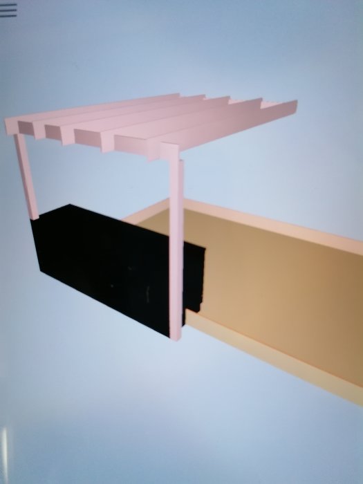 Digital ritning av en rosa pergola med stolpar planerad intill en beige uteplats och svart utekök.
