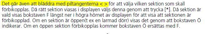 Textinstruktion om användning av piltangenter för att välja sektion i en handhavarmanual.