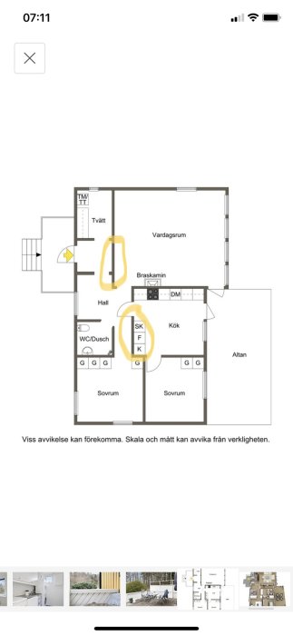 Planritning av hus med markerade områden som kan vara bärande väggar i kök och hall.