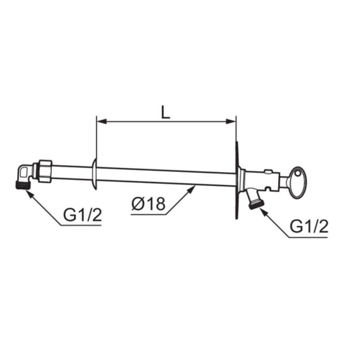 Teknisk ritning av en vattenutkastare med G1/2-gängor och måttangivelser.