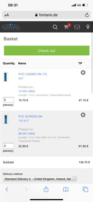 Skärmdump av en mobil webbläsare som visar inköpskorg med PVC-rör och skärmar på en byggmaterialwebbplats.