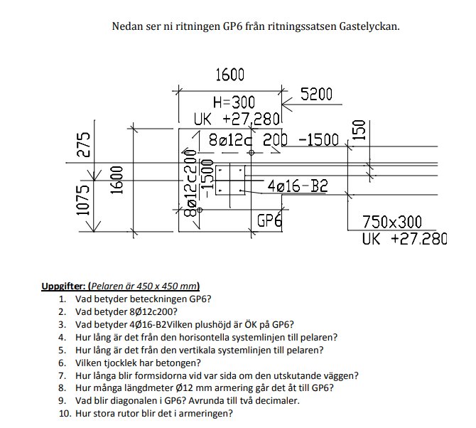 Teknisk ritning av plintgrund med måttangivelser och frågor om konstruktion och armering.