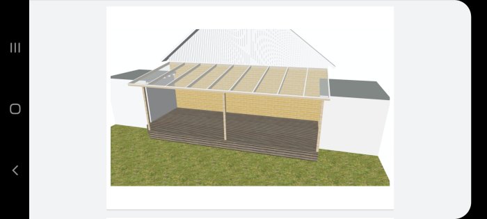 3D-modell av ett kedjehus med altan och lägre garage på sidorna, visar höjdskillnaden mellan byggnaderna.