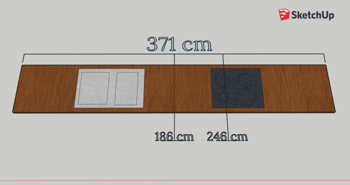 Ritning av köksbänk i valnöt faner med längderna 186cm och 246cm, inklusive diskho och spishäll.