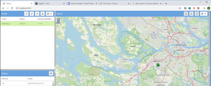 Skärmbild av GPS-spårningsprogrammet Traccar som visar en enhet online på en karta över Stockholm.