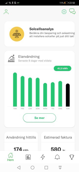 Skärmbild av mobilapp visar elanvändning med stapeldiagram över åtta dagar och estimerad faktura.