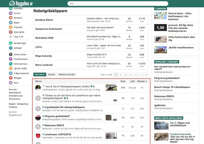 Skärmdump av ett forum om robotgräsklippare med inlägg och diskussionstrådar listade.