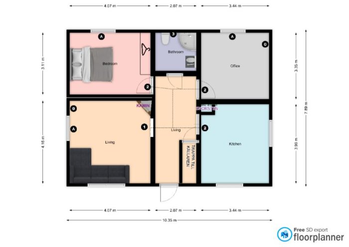 Planritning av en övervåning med markerade positioner för ventilationskomponenter.