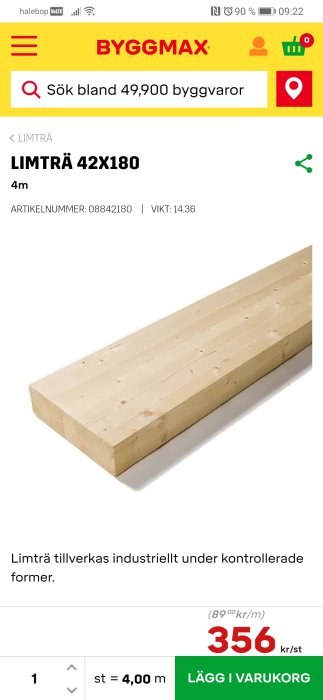 Limträbalk i trä syns på en webbplats för byggmaterial med pris och artikelnummer, tänkt som potentiell del i ett fönsterprojekt.