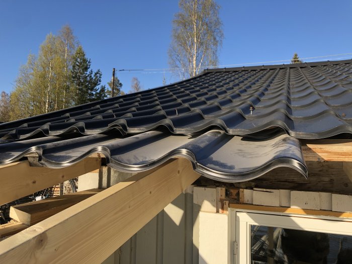 Svart vågformat plåttak på en huskonstruktion med träreglar för ett pågående uterumsbygge under en klarblå himmel.