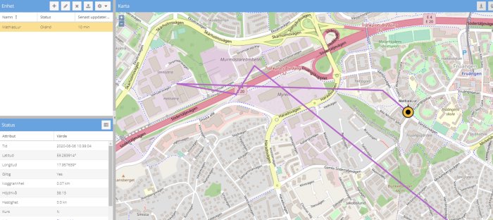 Skärmdump av GPS-spårning med förvirrande rutter som liknar en helikopterfärd över en stadskarta.