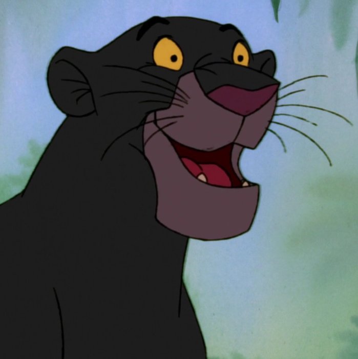 Animerad svart panter som skrattar med öppen mun, påminner om Bagheera.