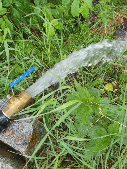 Vattenstråle från kulventil i ny brunnen med omgivande grönska.