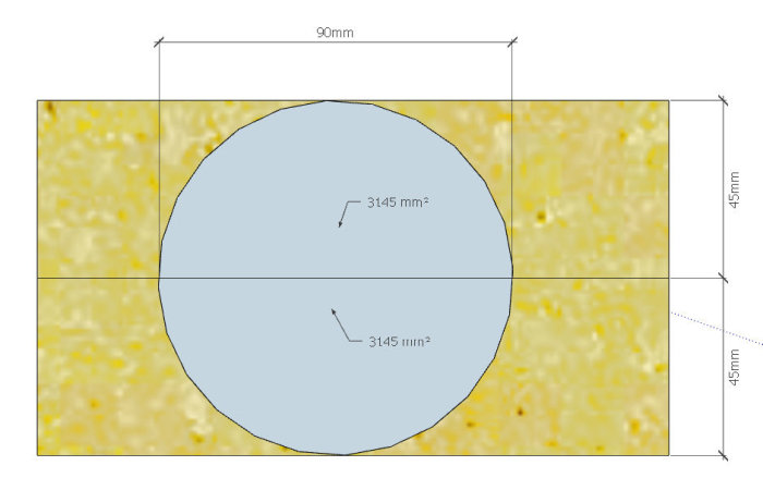 Teknisk ritning av justerbar stolpsko med uppgivet kontaktområde på 3145 mm² och måttangivelser.