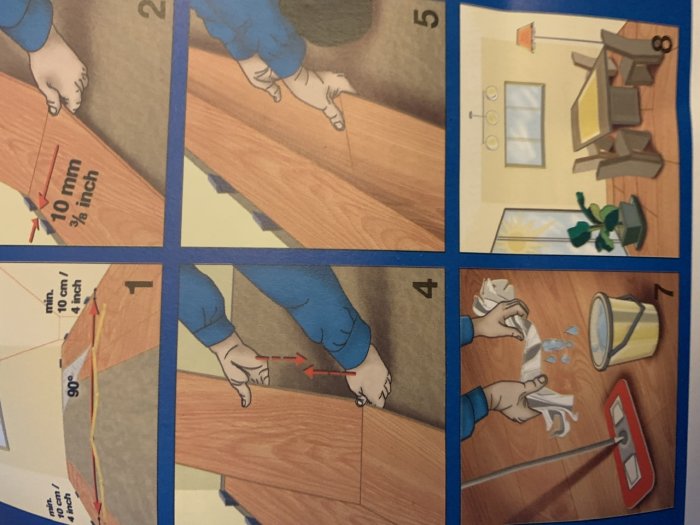 Illustration av steg-för-steg instruktioner för läggning av laminatgolv med betoning på hakning och positionering.