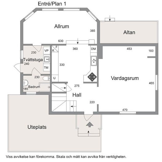 Ritning av hus med markering av entré, allrum, tvättstuga, badrum, hall, uteplats, altan och vardagsrum, med måttangivelser.