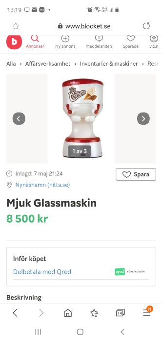 En My Cornetto glassmaskin för mjukglass, röd och vit, på en försäljningsannons.