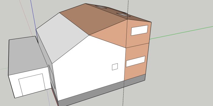 3D-modell av tvåplanshus med infärgad tillbyggnad, visar takkonstruktion och potentiell fuktriskpunkt.