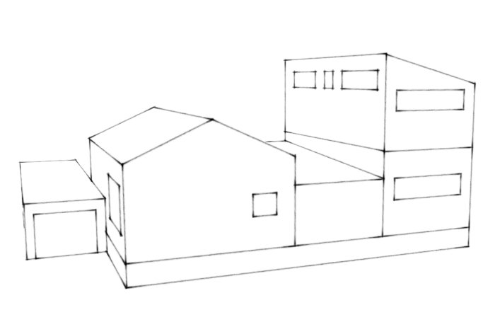 Skiss av hus med utbyggnad och möjlig länkbyggnad för diskussion om takavvattning och byggyta.