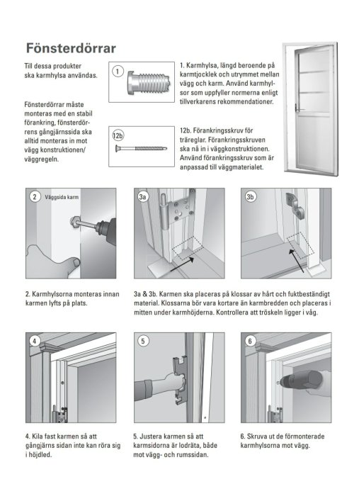 Instruktionsbilder för installation av en helglasad fönsterdörr med olika steg, inklusive karmjustering och skruvfixering.