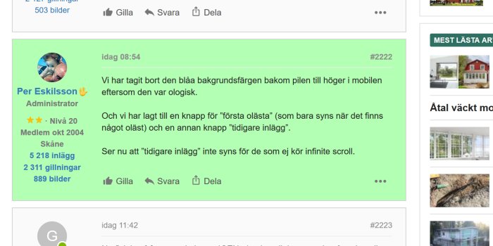 Skärmdump av ett diskussionsforum med en användares inlägg och profilinformation.