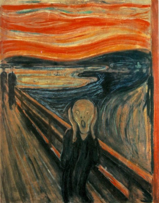 Illustration av en person som skriker på en bro med en dramatisk orange och blå himmel i bakgrunden.