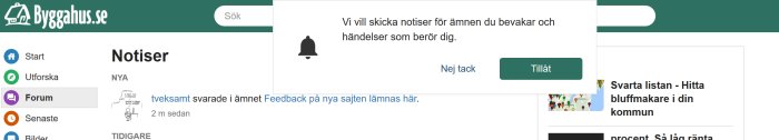 Skärmdump av en notisinställningsfråga på ett onlineforum för byggintresserade.