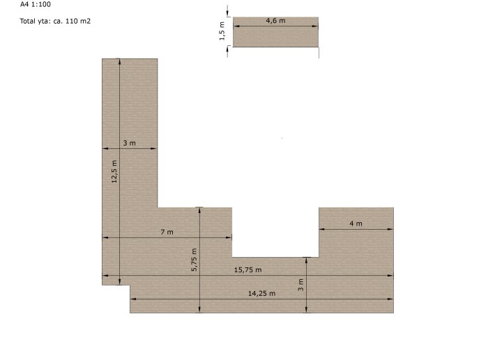 Ritning av en planerad altan med dimensioner och totalyta angiven, avsedd för byggprojekt.