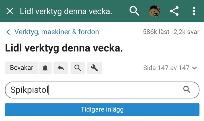 Skärmdump av forumtråd om Lidl verktyg med sökfältet fyllt med ordet "Spikpistol".