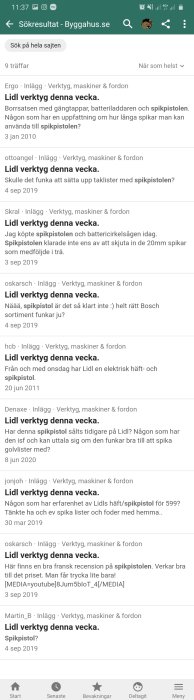 Skärmdump av diskussionsforum med inlägg om verktyg, specifikt en spikpistol, från Lidl.