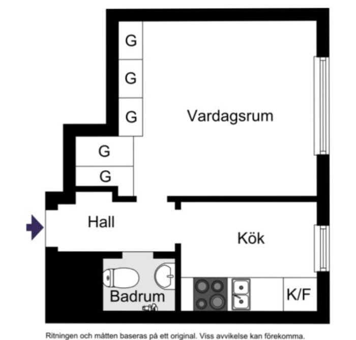 Planritning med kök, vardagsrum, badrum och hall, indikerar flytt av spisen till tom vägg mittemot kylskåp.